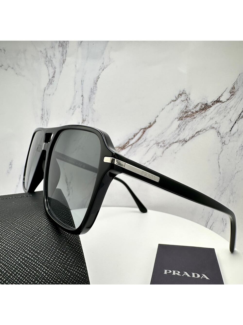 NEW PRADA Sunglasses Black Aviator Pilot 55-17mm Grey Lens Silver Logo